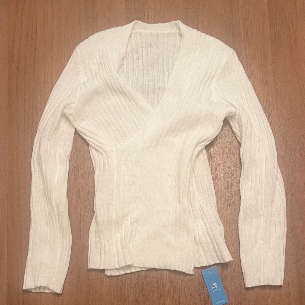 Cupshe Cream Ribbed V-Neck Sweater